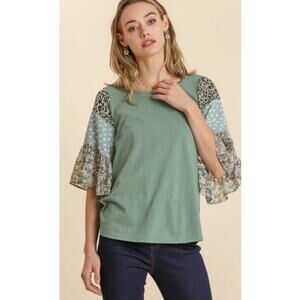 Umgee Patchwork Large Sleeve Top Eclectic Boho Charm Indie Relaxed Fit Western